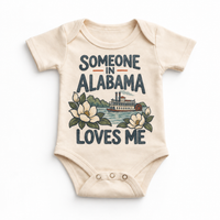 Someone in Alabama Loves Me design on a natural baby bodysuit