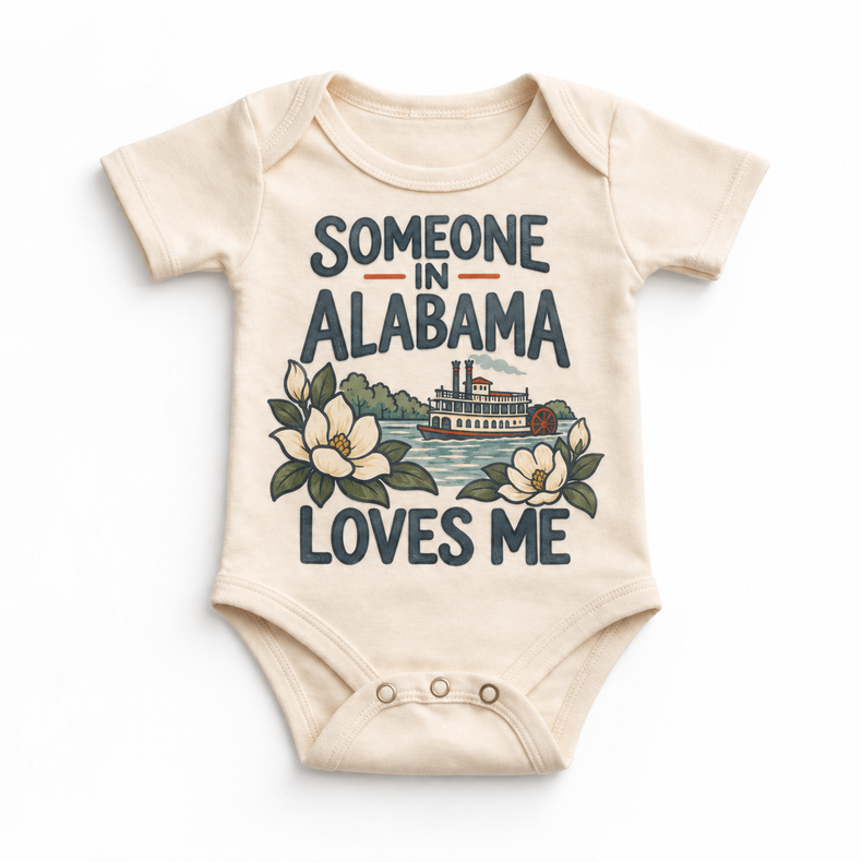 Someone in Alabama Loves Me design on a natural baby bodysuit