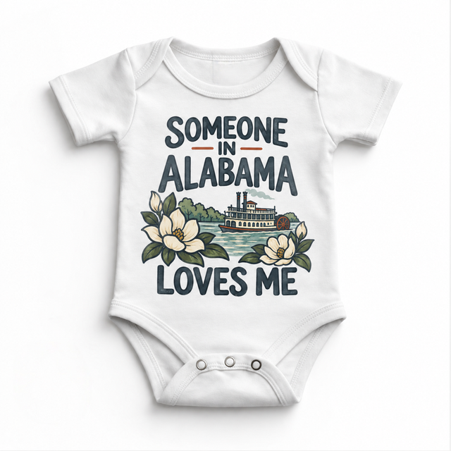 Someone in Alabama Loves Me design on a white baby bodysuit