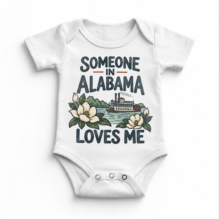 Someone in Alabama Loves Me design on a white baby bodysuit