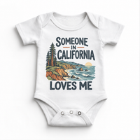Someone in California Loves Me design on a white baby bodysuit