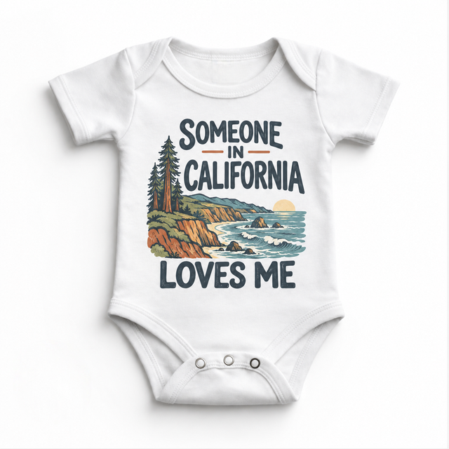 Someone in California Loves Me design on a white baby bodysuit