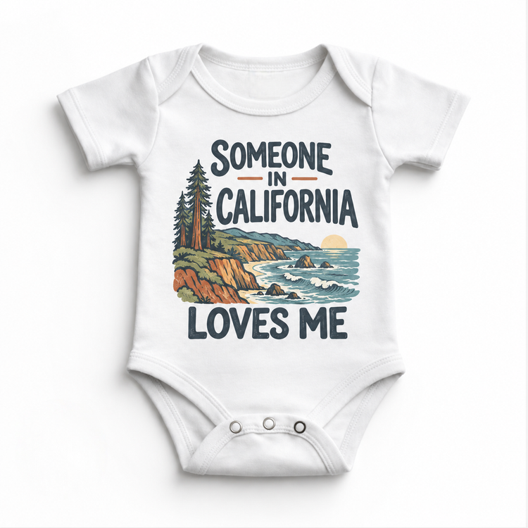Someone in California Loves Me design on a white baby bodysuit