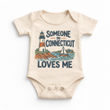 Someone in Connecticut Loves Me design on a natural beige baby bodysuit