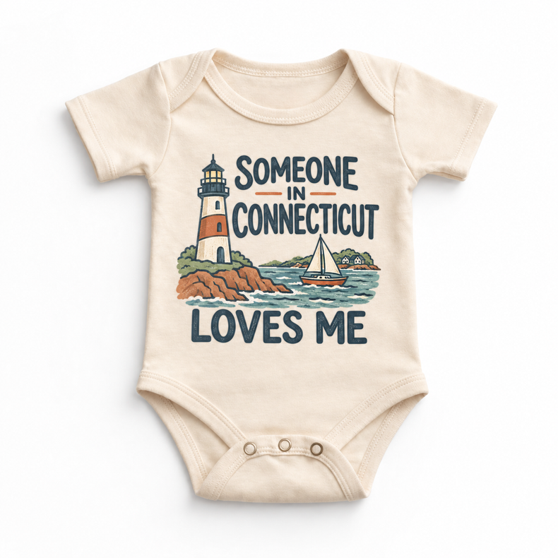 Someone in Connecticut Loves Me design on a natural beige baby bodysuit