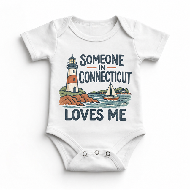 Someone in Connecticut Loves Me design on a white baby bodysuit