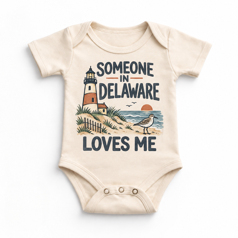 Someone in Delaware Loves Me design on a natural beige baby bodysuit