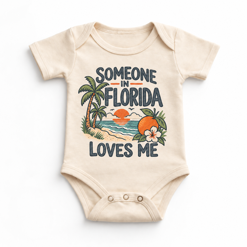 Someone in Florida Loves Me design on a natural beige baby bodysuit