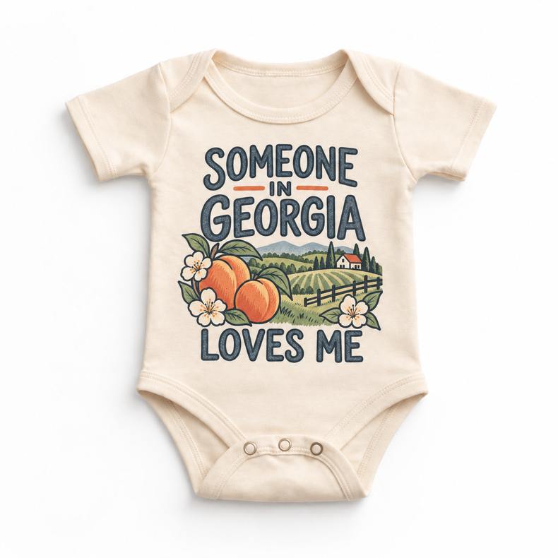 Someone in Georgia Loves Me design on a natural beige baby bodysuit