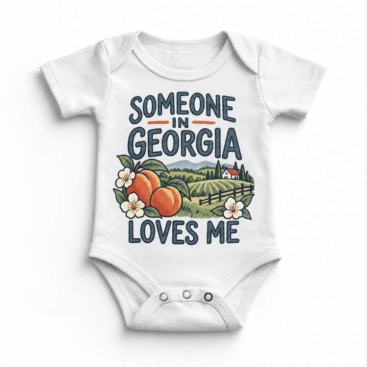 Someone in Georgia Loves Me design on a white baby bodysuit