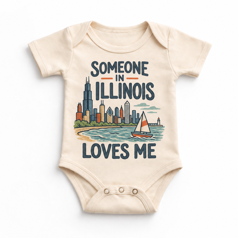 Someone in Illinois Loves Me design on a natural beige baby bodysuit