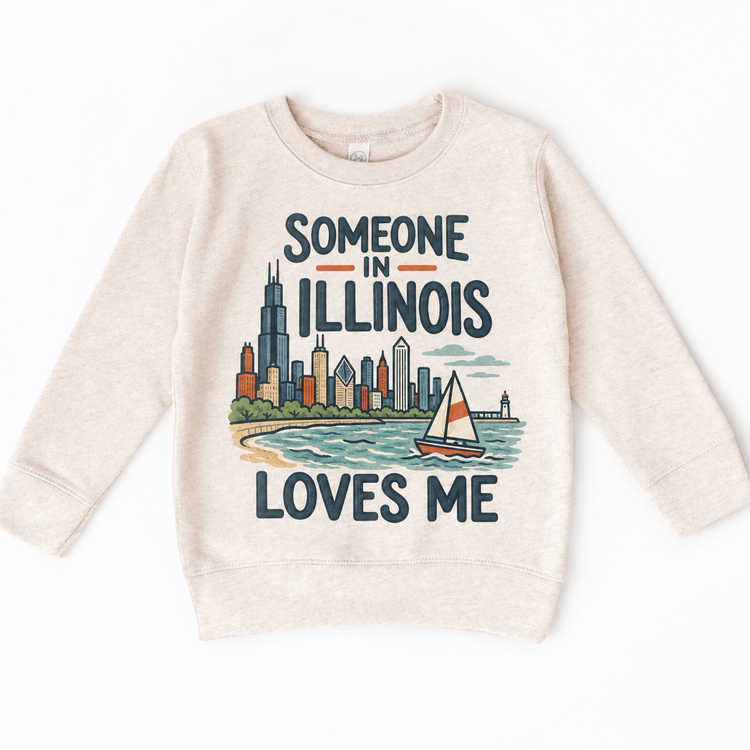 Someone in Illinois Loves Me design on a natural beige sweatshirt