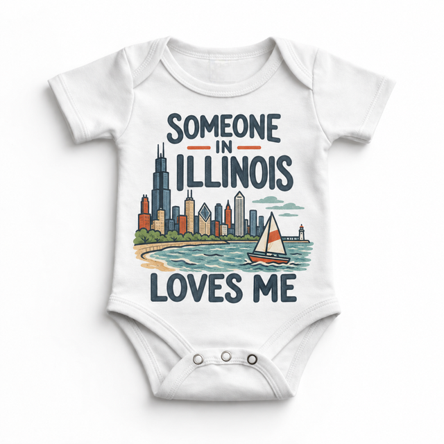 Someone in Illinois Loves Me design on a white baby bodysuit