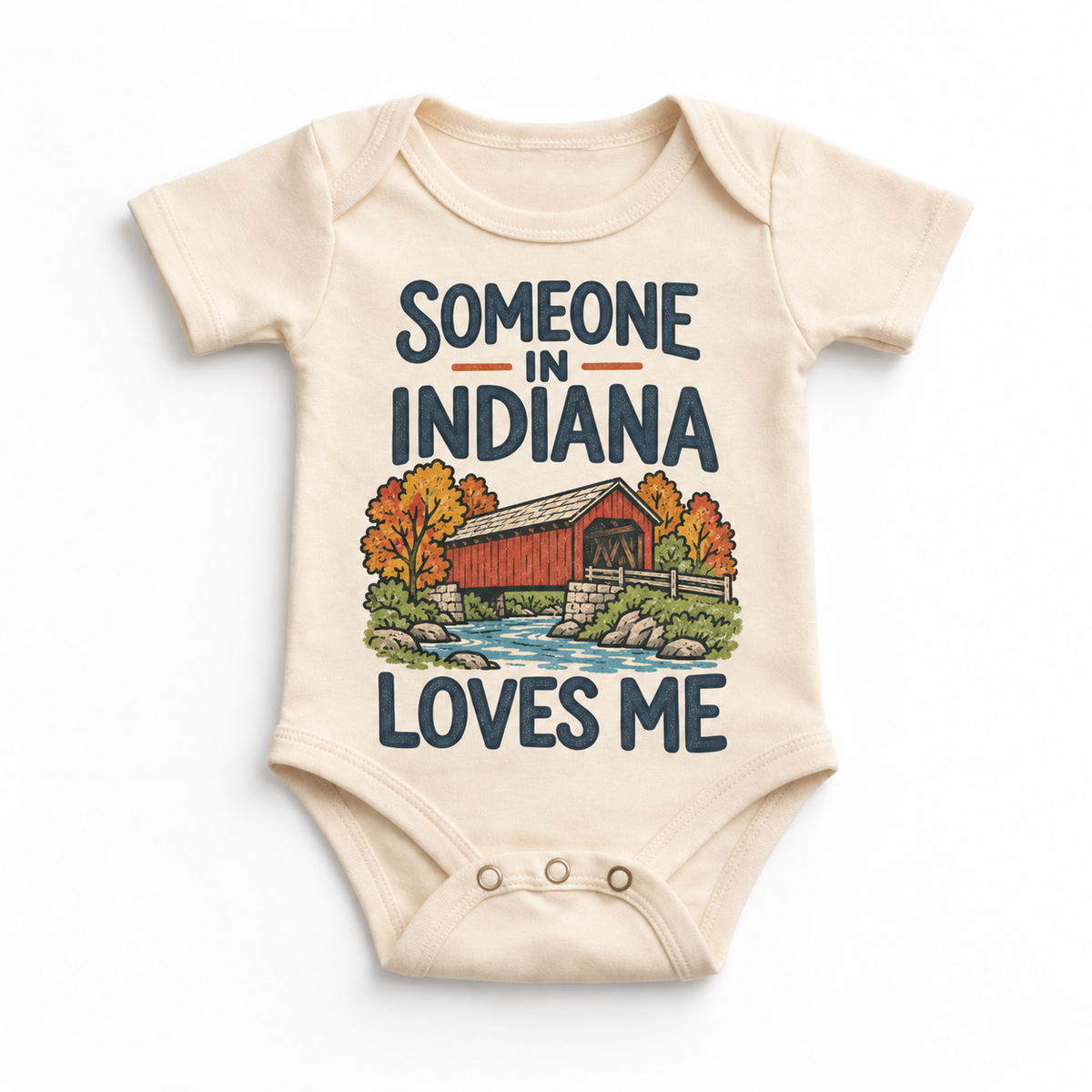 Someone in Indiana Loves Me design on a natural beige baby bodysuit