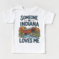 Someone in Indiana Loves Me design on a white short sleeve T-shirt
