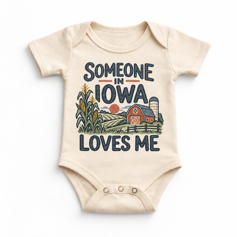 Someone in Iowa Loves Me design on a natural beige baby bodysuit