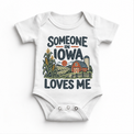 Someone in Iowa Loves Me design on a white baby bodysuit