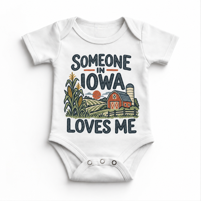 Someone in Iowa Loves Me design on a white baby bodysuit