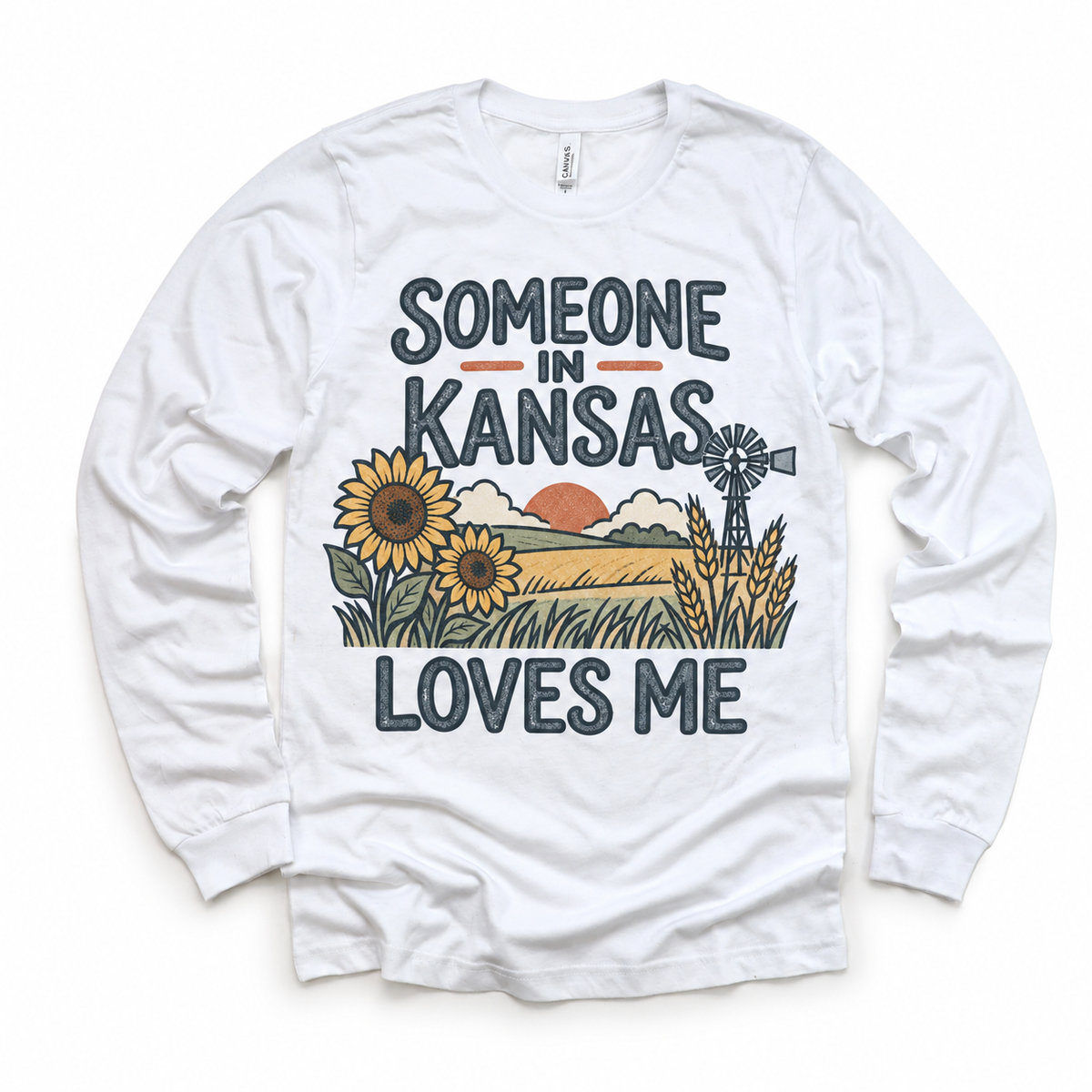 Someone in Kansas Loves Me design on a white long sleeve T-shirt