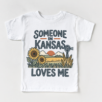 Someone in Kansas Loves Me design on a white short sleeve T-shirt
