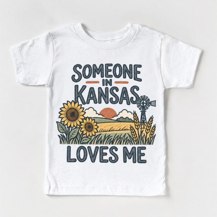 Someone in Kansas Loves Me design on a white short sleeve T-shirt