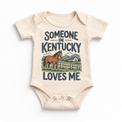 Someone in Kentucky Loves Me design on a natural beige baby bodysuit