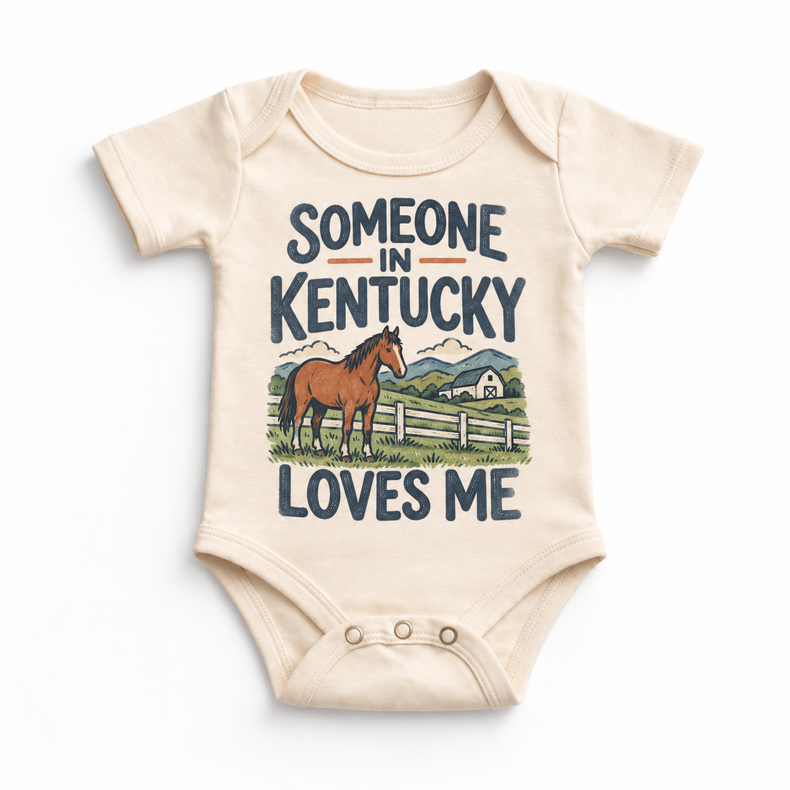Someone in Kentucky Loves Me design on a natural beige baby bodysuit
