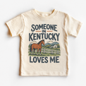 Someone in Kentucky Loves Me design on a natural beige short sleeve T-shirt