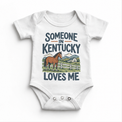 Someone in Kentucky Loves Me design on a white baby bodysuit