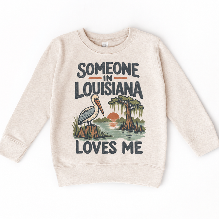 Someone in Louisiana Loves Me design on a natural beige sweatshirt