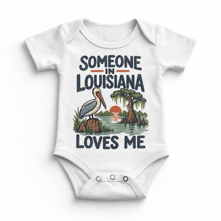 Someone in Louisiana Loves Me design on a white baby bodysuit