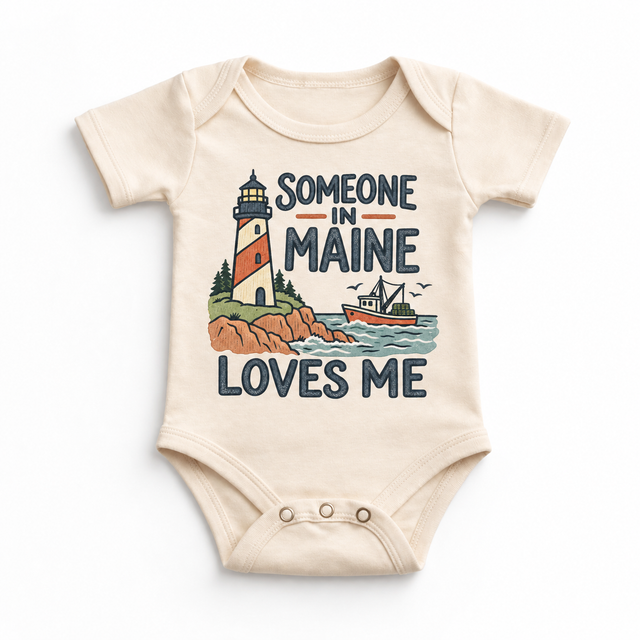 Someone in Maine Loves Me design on a natural beige baby bodysuit