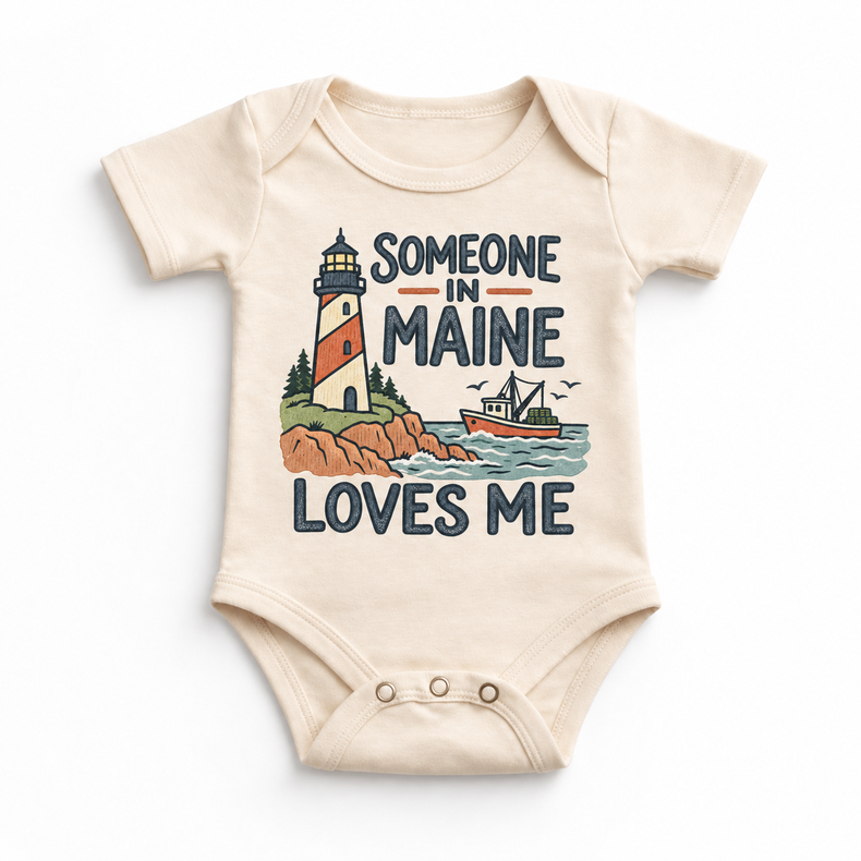 Someone in Maine Loves Me design on a natural beige baby bodysuit