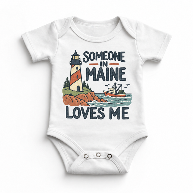Someone in Maine Loves Me design on a white baby bodysuit