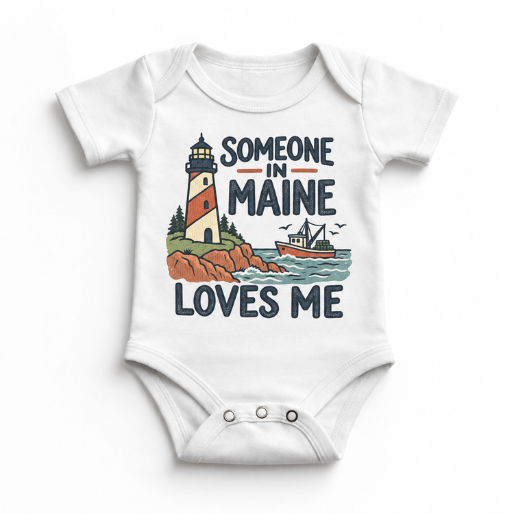 Someone in Maine Loves Me design on a white baby bodysuit