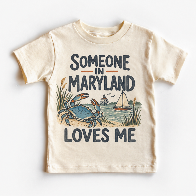 Someone in Maryland Loves Me design on a natural beige short sleeve T-shirt