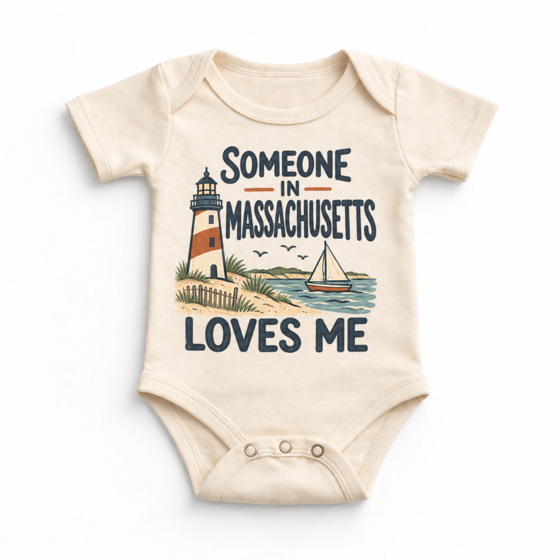 Someone in Massachusetts Loves Me design on a natural beige baby bodysuit