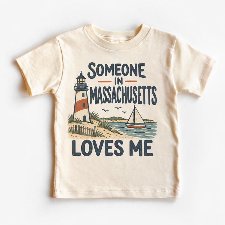 Someone in Massachusetts Loves Me design on a natural beige short sleeve T-shirt