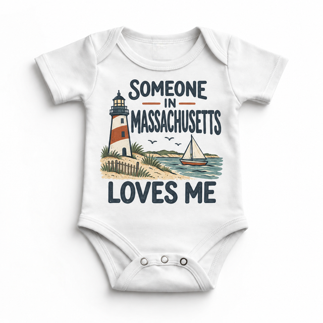 Someone in Massachusetts Loves Me design on a white baby bodysuit
