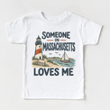 Someone in Massachusetts Loves Me design on a white short sleeve T-shirt