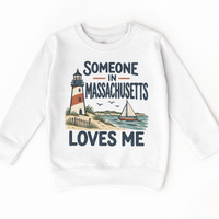 Someone in Massachusetts Loves Me design on a white sweatshirt