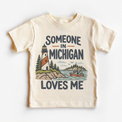 Someone in Michigan Loves Me design on a natural beige short sleeve T-shirt