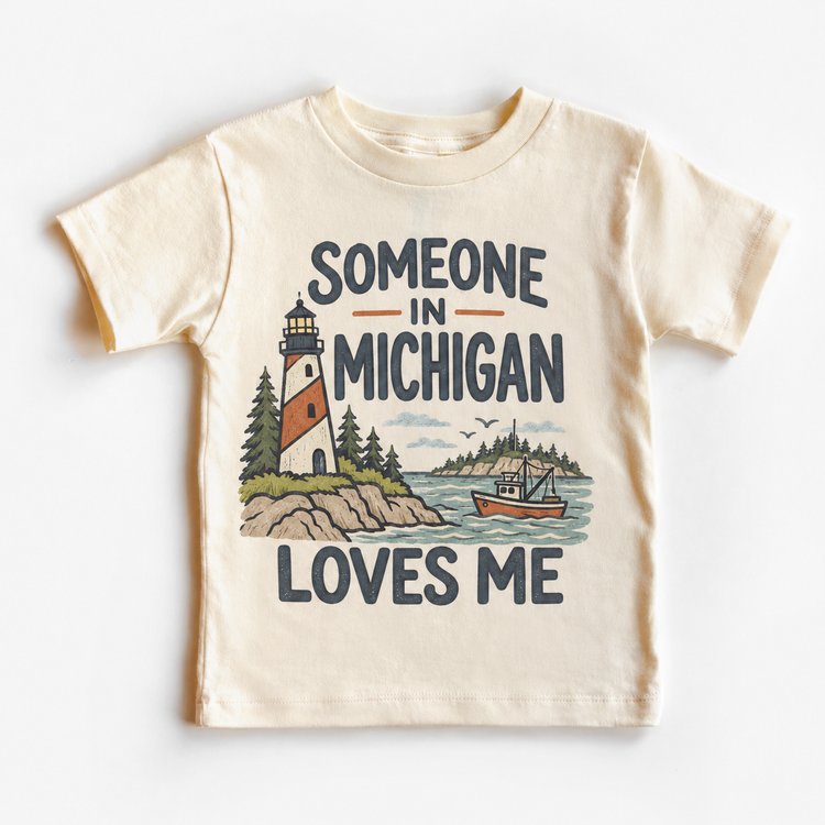 Someone in Michigan Loves Me design on a natural beige short sleeve T-shirt