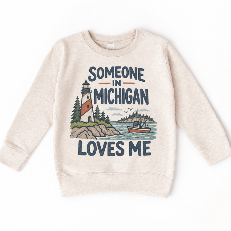 Someone in Michigan Loves Me design on a natural beige sweatshirt