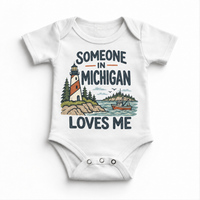 Someone in Michigan Loves Me design on a white baby bodysuit