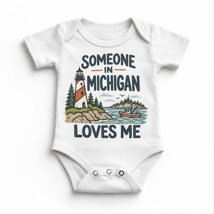 Someone in Michigan Loves Me design on a white baby bodysuit