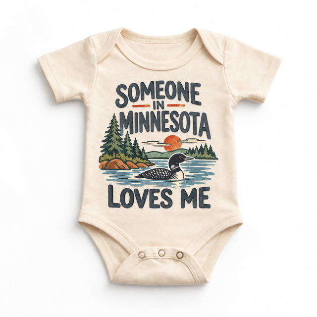 Someone in Minnesota Loves Me design on a natural beige baby bodysuit