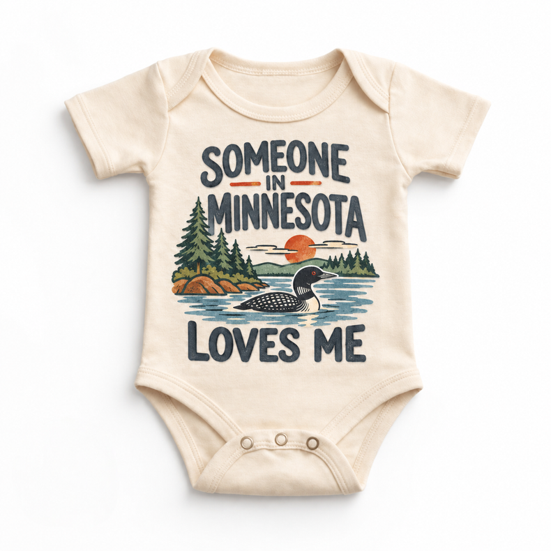 Someone in Minnesota Loves Me design on a natural beige baby bodysuit