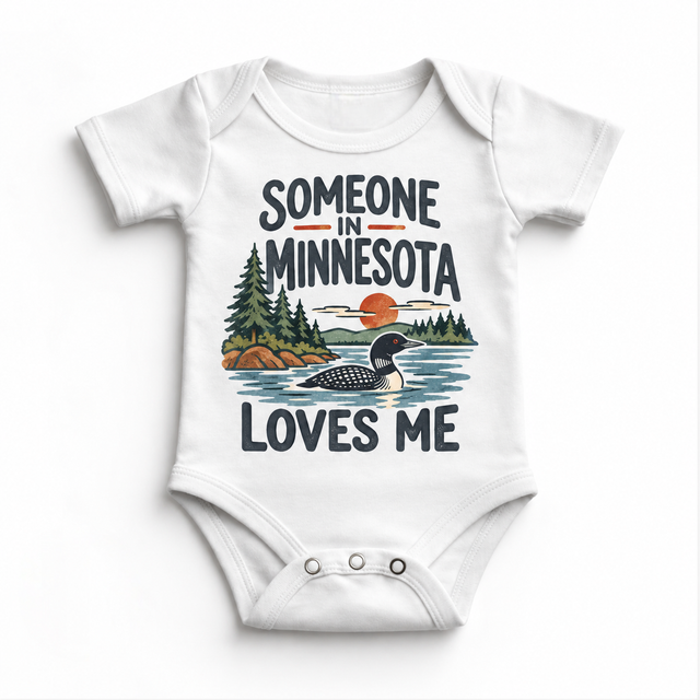 Someone in Minnesota Loves Me design on a white baby bodysuit