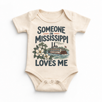 Someone in Mississippi Loves Me design on a natural beige baby bodysuit